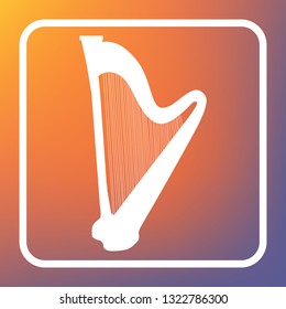 Musical instrument harp sign. Vector. White icon on transparent button at orange-violet gradient background.