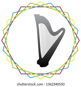 Musical instrument harp sign. Vector. Black icon with patch of light inside colorful hexagonal frames at white background.