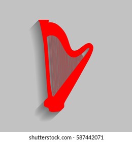 Musical instrument harp sign. Vector. Red icon with soft shadow on gray background.