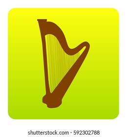 Musical instrument harp sign. Vector. Brown icon at green-yellow gradient square with rounded corners on white background. Isolated.