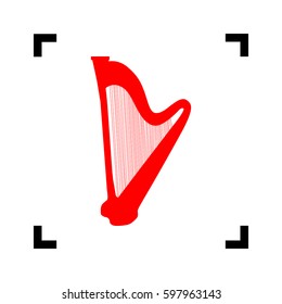 Musical instrument harp sign. Vector. Red icon inside black focus corners on white background. Isolated.