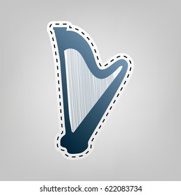 Musical instrument harp sign. Vector. Blue icon with outline for cutting out at gray background.