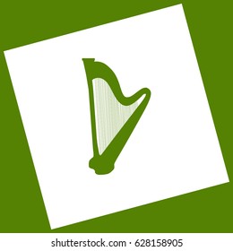 Musical instrument harp sign. Vector. White icon obtained as a result of subtraction rotated square and path. Avocado background.