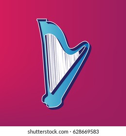 Musical instrument harp sign. Vector. Blue 3d printed icon on magenta background.