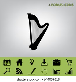 Musical instrument harp sign. Vector. Black icon at gray background with bonus icons