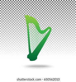 Musical instrument harp sign. Vector. Green gradient icon with shadow at bottom on transparent and white background.