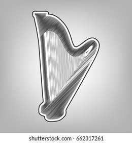 Musical instrument harp sign. Vector. Pencil sketch imitation. Dark gray scribble icon with dark gray outer contour at gray background.