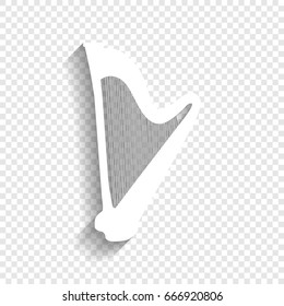 Musical instrument harp sign. Vector. White icon with soft shadow on transparent background.