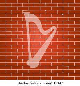 Musical instrument harp sign. Vector. Whitish icon on brick wall as background.