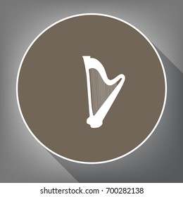 Musical instrument harp sign. Vector. White icon on brown circle with white contour and long shadow at gray background. Like top view on postament.