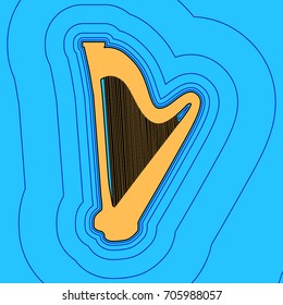 Musical instrument harp sign. Vector. Sand color icon with black contour and equidistant blue contours like field at sky blue background. Like waves on map - island in ocean or sea.