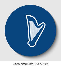 Musical instrument harp sign. Vector. White contour icon in dark cerulean circle at white background. Isolated.