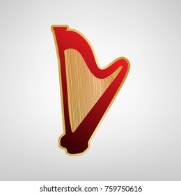 Musical instrument harp sign. Vector. Red icon on gold sticker at light gray background.