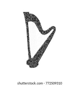 Musical instrument harp sign. Vector. Black icon from many ovelapping circles with random opacity on white background. Noisy. Isolated.