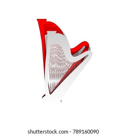 Musical instrument harp sign. Vector. Detachable paper icon with red body stock. Isolated.