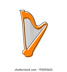 Musical instrument harp sign. Vector. Black line icon with shifted flat orange filled icon on white background. Isolated.