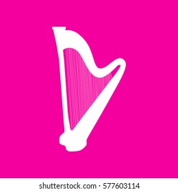 Musical instrument harp sign. White icon at magenta background.