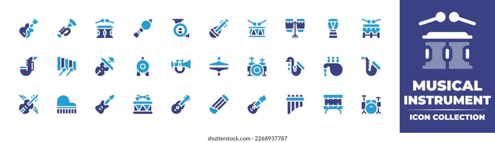 Sammlung von Musikinstrumenten Duotonfarbe. Vektorgrafik. Mit elektrischer Gitarre, Trompete, Drum, Blasrohr, französischem Horn, Biwa, Konga, Saxophon, Xylophon, Violine, Gong, Cymbals.