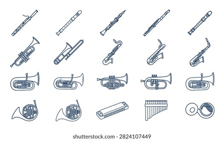 Musical Instrument Icon Collection with Wind Brass and Woodwind Symbols for Orchestra Graphic Design and Music Projects