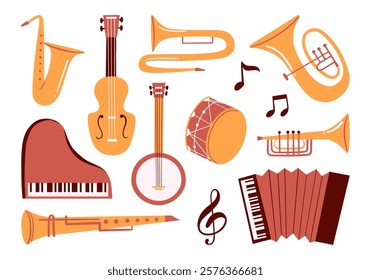 Musical Instrument Icon Percussion. A vibrant collection of musical instrument illustrations, including saxophone, piano, drum, trumpet, accordion, and more, perfect for music-themed designs