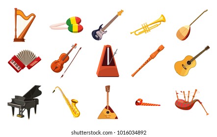 Juego de iconos de instrumentos musicales. Conjunto de dibujos animados de iconos vectoriales musicales para el diseño web aislados en fondo blanco