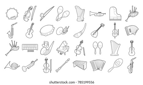 Musical instrument icon set. Outline set of musical instrument vector icons for web design isolated on white background
