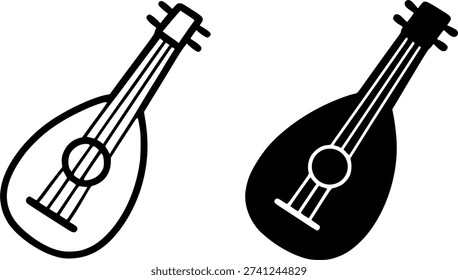 Musical instrument icon, vector illustration of lute, black and white in outline and silhouette design