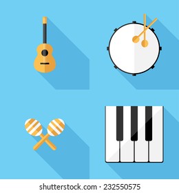 Musical instrument icons. Flat design style modern vector illustration. Isolated on stylish color background. Flat long shadow icon. Elements in flat design.