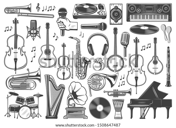 Musical instrument icons, jazz and orchestra music.\
Vector recording studio synthesizer equipment, piano, guitar and\
drums, violin, saxophone, vinyl record gramophone, tuba and horn,\
clarinet and harp