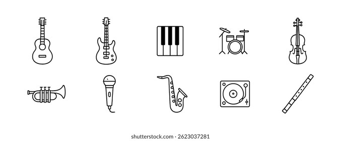 Musical instrument icons set : guitar, piano, drums. Vector outline icons