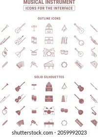 Musical instrument Icons set - Vector outline symbols and silhouettes of guitar, piano, trumpet, drum, saxophone and other instruments for the site or interface