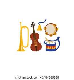 Musical instrument. Illustration in vector. Illustrations of the concept of a postcard or flyer. Drum, violin, tambourine, bell, trumpet. Drawings for music school.