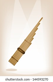 Musical Instrument, An Illustration of Wooden Pan Flute on Brown Stage Background with Copy Space for Text Decorated 