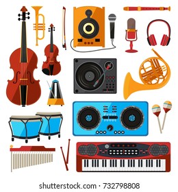 Musical instrument isolate on white. Music equipment for sound studio or shop. Guitars, digital players, bas amplifier and others. Guitar and equipment sound, musical instrument vector illustration