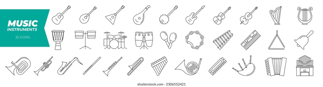 Musical instrument line icon set. Concert sounds icon set.