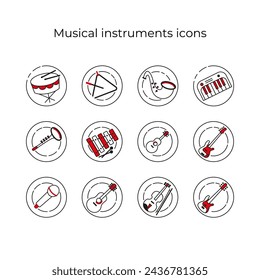 Musical instrument line icon set. Strings, winds, keyboards. Vector illustration. Collection