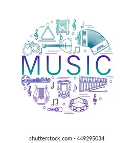 Musical instrument line vector illustration on white background. Music colorful banner template. Place for your text.
