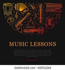 Musical instrument linear style vector illustration on dark background. Music colorful banner template. Place for your text.