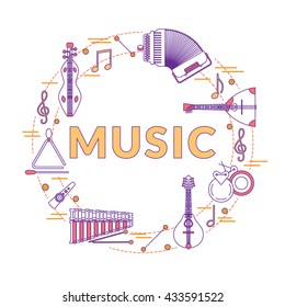 Musical instrument linear style vector illustration on white background. Music colorful banner template. Place for your text.