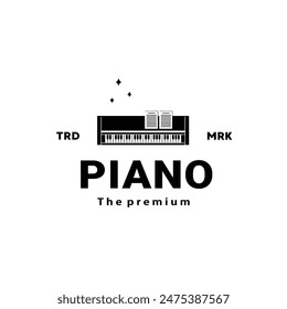 Ilustración del logotipo del instrumento musical, silueta del piano conveniente para las tiendas de la música y las comunidades