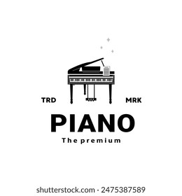 Ilustración del logotipo del instrumento musical, silueta del piano conveniente para las tiendas de la música y las comunidades