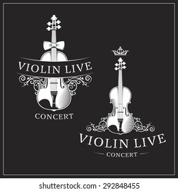 Musical Instrument - logos for a concert of classical music. Vintage violin. Vector Illustration on black background.