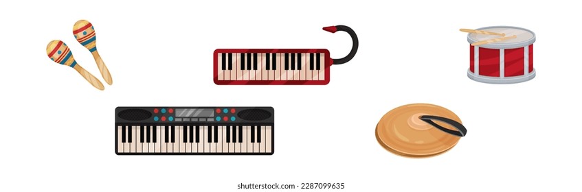 Musical Instrument with Maraca, Drum, Cymbal and Keyboard Vector Set