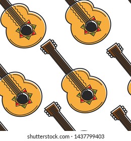 Musical instrument Mexican guitar seamless pattern vector Mexico or Spain symbol mariachi musician item culture and art endless texture traveling and tourism wallpaper print strings and melody.