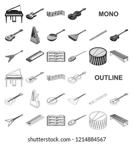 Musical instrument monochrom icons in set collection for design. String and Wind instrument isometric vector symbol stock web illustration.