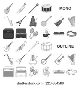 Musical instrument monochrom icons in set collection for design. String and Wind instrument vector symbol stock web illustration.