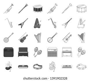 Musical instrument mono,outline icons in set collection for design. String and Wind instrument vector symbol stock web illustration.