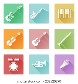 Musical instrument music icons including ones for clarinet, guitar, piano and many more
