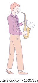 Musical instrument musician playing saxophone jazz music concert or show vector isolated male character melody or composition performance man in shirt and tie saxophonist art performer or artist.