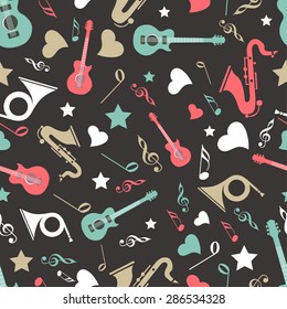 Musical instrument with musical notes in different color on black background.